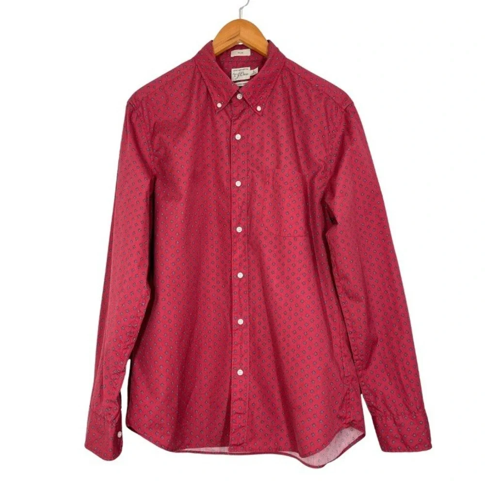 J.Crew Slim Fit Red Geometric Print Button Down Shirt 100% Cotton‎ Long Sleeve